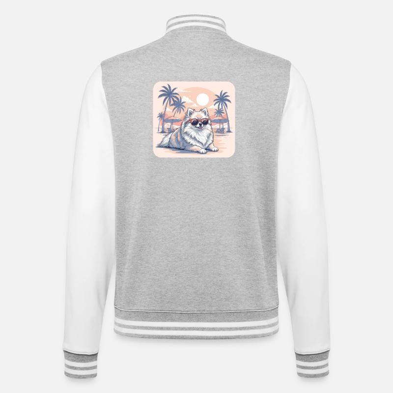 Zwergspitzer Hund mit Brille am Strand - College-Sweatjacke - Grau meliert/Weiß