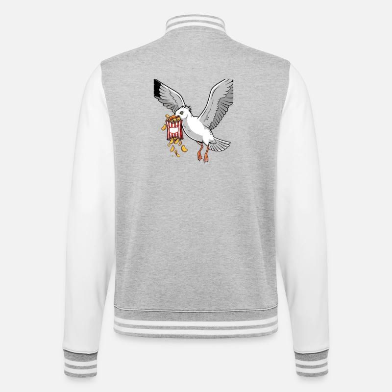 Möwe mit Chips Snack Design - College-Sweatjacke - Grau meliert/Weiß