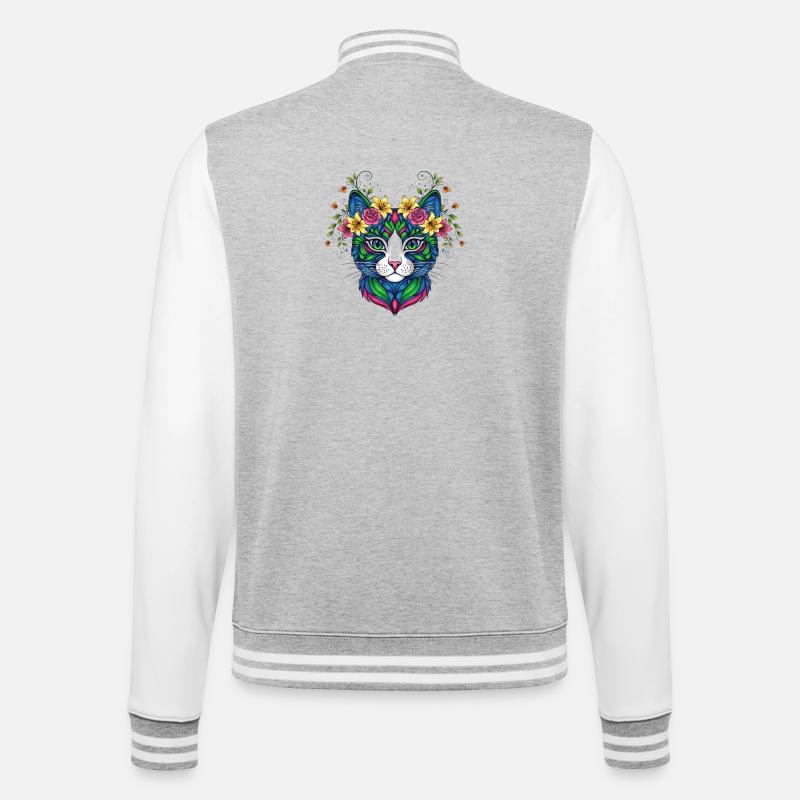 Katze mit Blumen - College-Sweatjacke - Grau meliert/Weiß