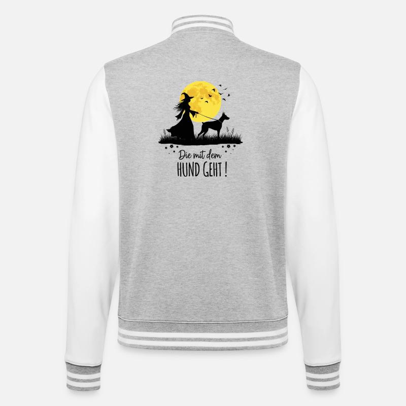 Die mit dem Dobermann geht ! - College-Sweatjacke - Grau meliert/Weiß