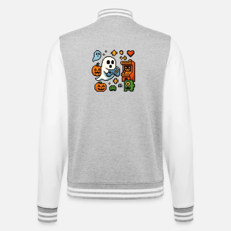 Pixel Ghost Gaming Retro Design - College-Sweatjacke - Grau meliert/Weiß