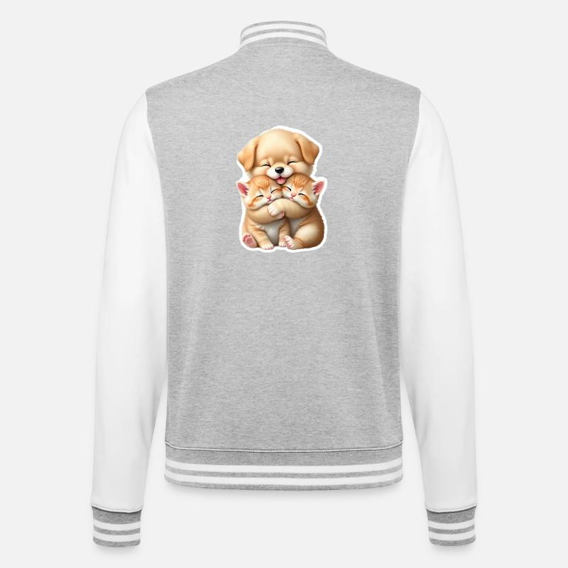Little dog hugging two kittens - College Sweat Jacket - heather grey/white