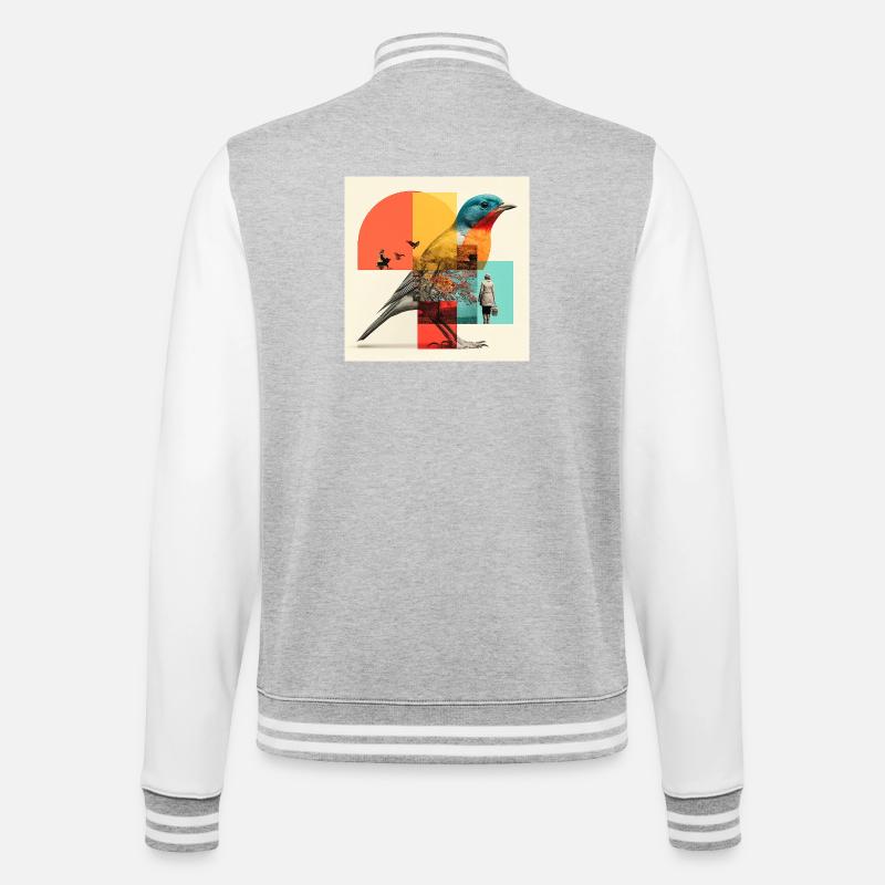 Gestaltwandelnder Vogel in bunter Collage - College-Sweatjacke - Grau meliert/Weiß