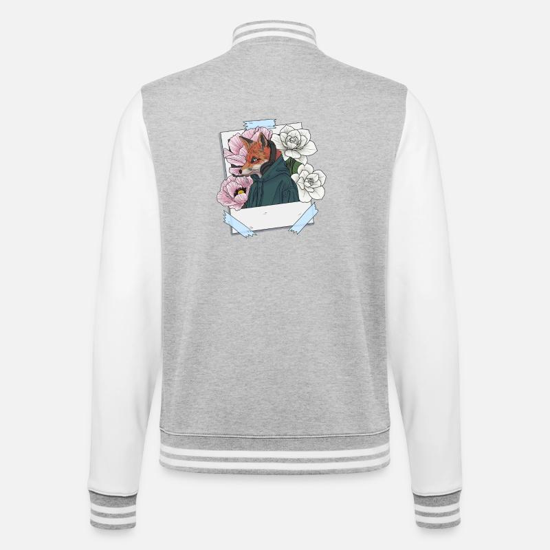 Fuchs mit Kopfhörern und Blumenthema - College-Sweatjacke - Grau meliert/Weiß