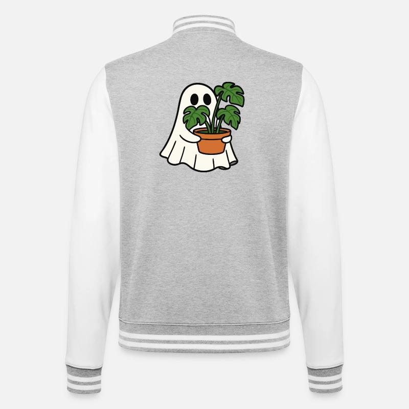 Fantôme mignon avec plante Monstera - Veste Teddy - gris chiné / blanc