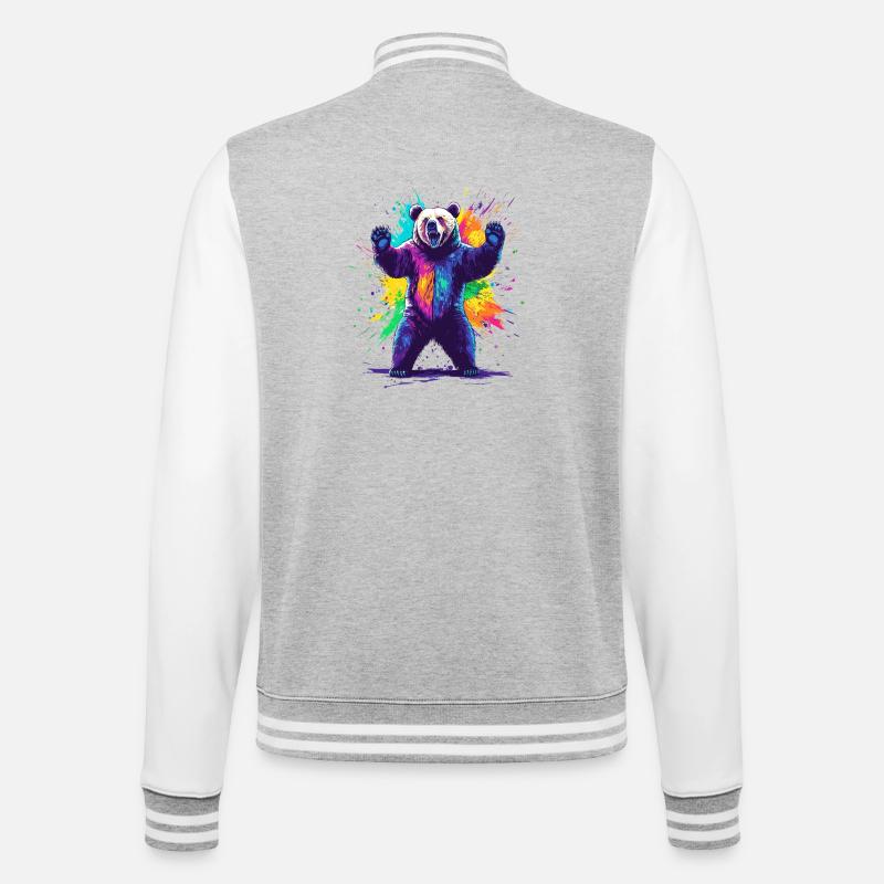 Bär mit bunter Farbexplosion - College-Sweatjacke - Grau meliert/Weiß