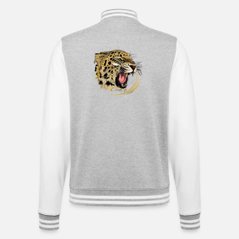 Wildes Raubtier-Design mit Leopardengesicht - College-Sweatjacke - Grau meliert/Weiß