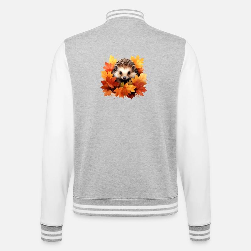 Herbstlicher Igel im Laub - College-Sweatjacke - Grau meliert/Weiß