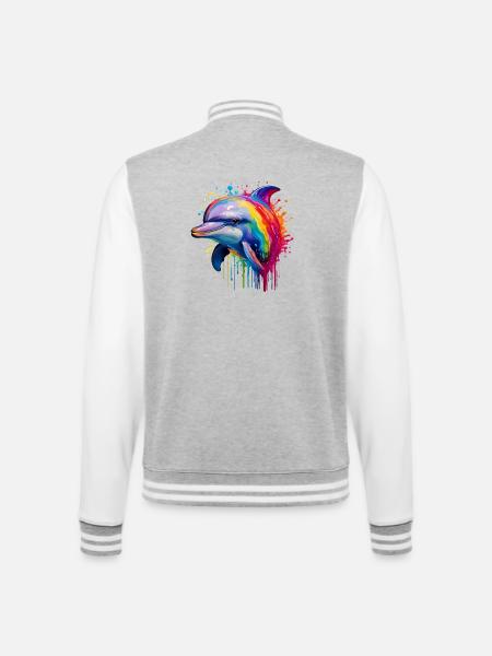 Bunter Delfin Kunstdruck - College-Sweatjacke - Grau meliert/Weiß