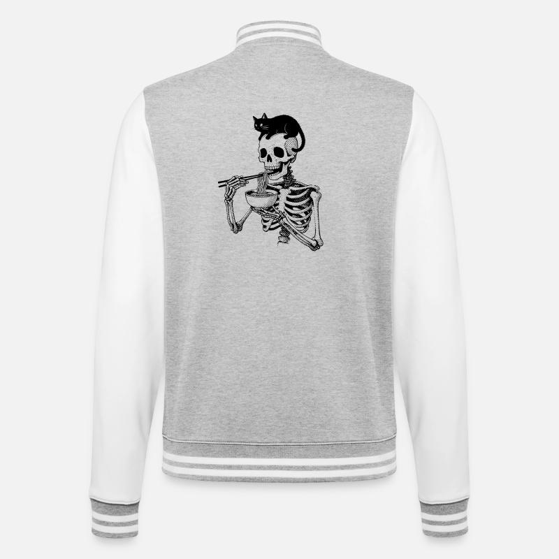 Ramen skeleton with cat on skull - College Sweat Jacket - heather grey/white