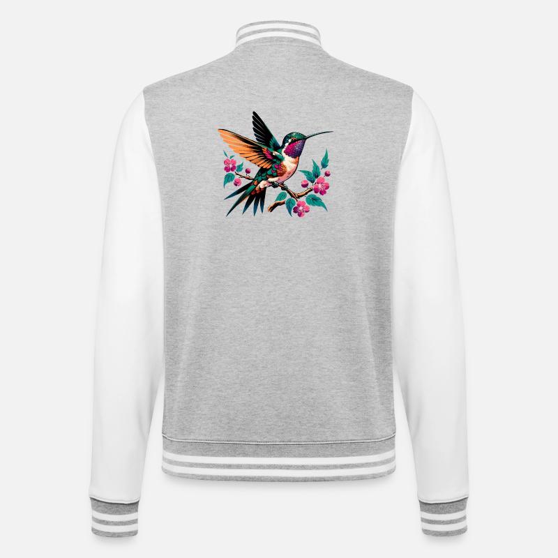 Vibrant Hummingbird on Blooming Branch - College Sweat Jacket - heather grey/white