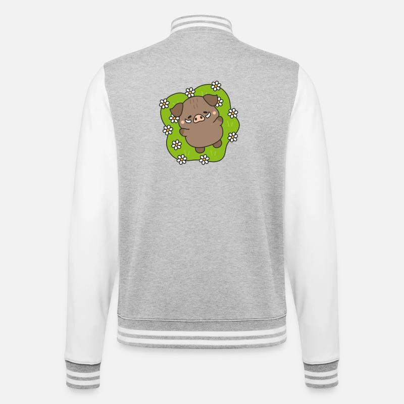 Fröhliches Schwein unter Gänseblümchen - College-Sweatjacke - Grau meliert/Weiß