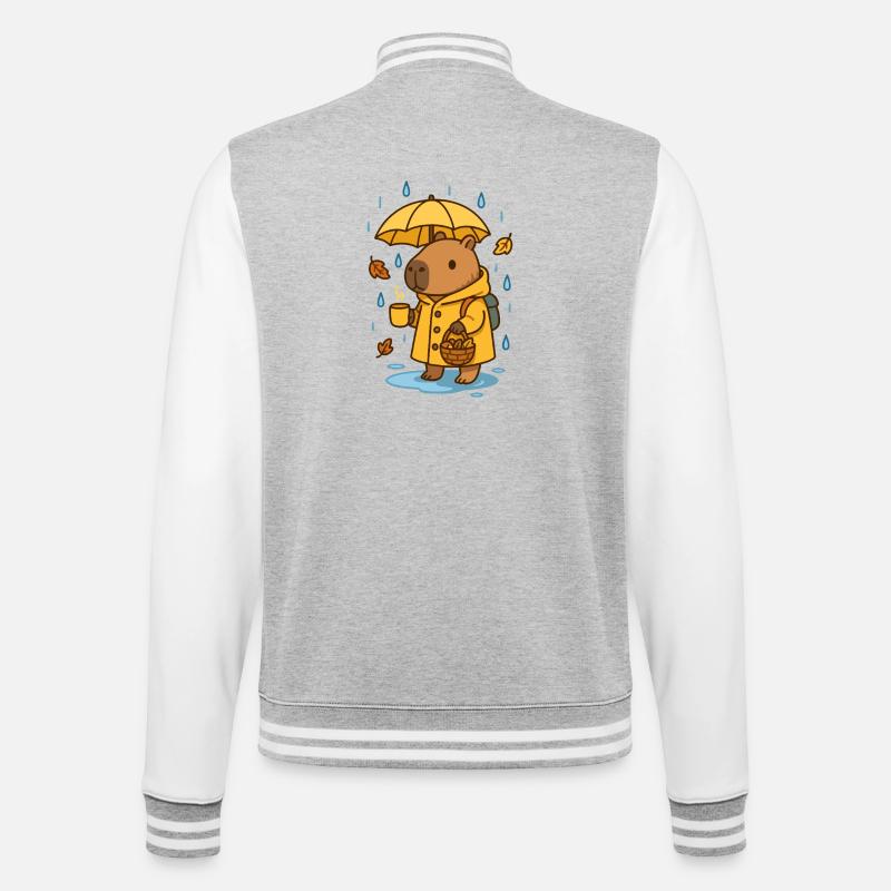 Capybara im Regen – Cozy Autumn Feeling - College-Sweatjacke - Grau meliert/Weiß