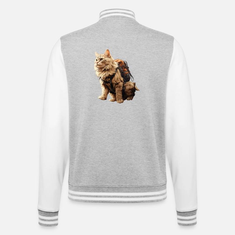 Abenteuer Katze mit Rucksack - College-Sweatjacke - Grau meliert/Weiß