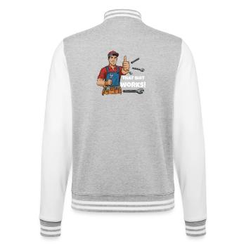Werkstattheld Spruchdesign, That shit works! - College Sweat Jacket - heather grey/white - Back - Marisol (170cm)