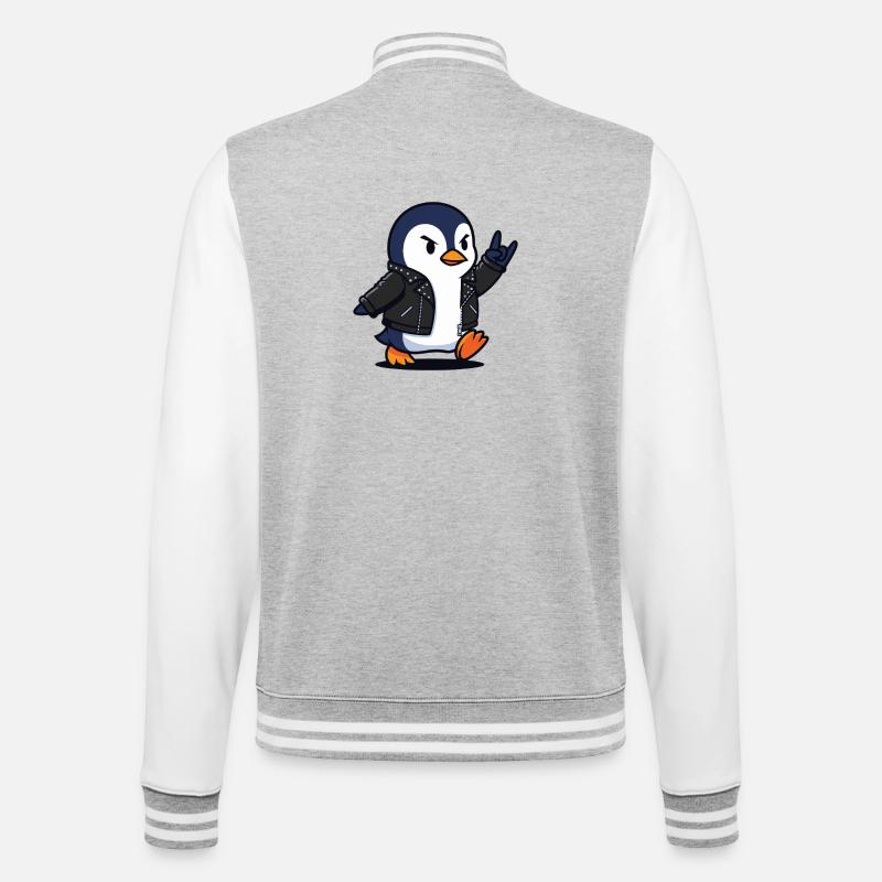 Rocker-Pinguin in Lederjacke mit Teufelshorn - College-Sweatjacke - Grau meliert/Weiß