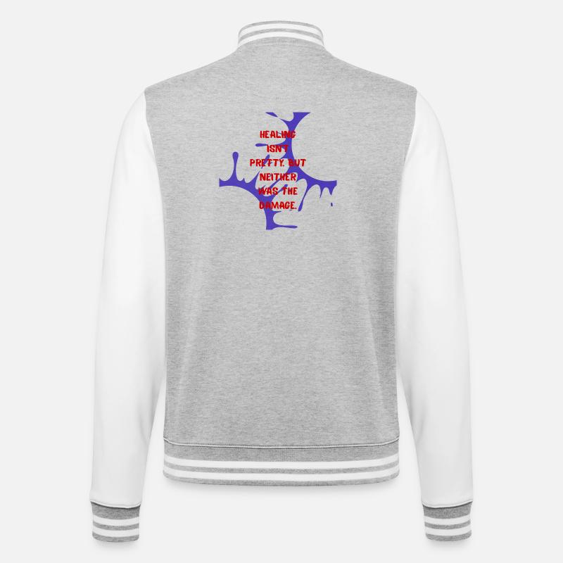 Heilsames Design - College-Sweatjacke - Grau meliert/Weiß