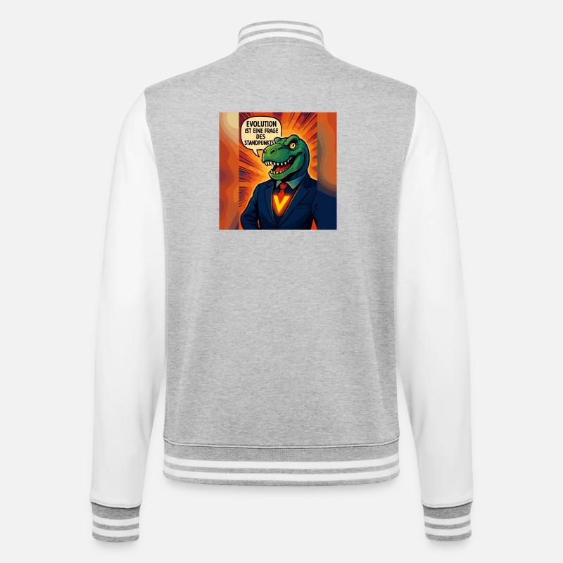 Dino im Anzug – Evolution ist Ansichtssache - College-Sweatjacke - Grau meliert/Weiß