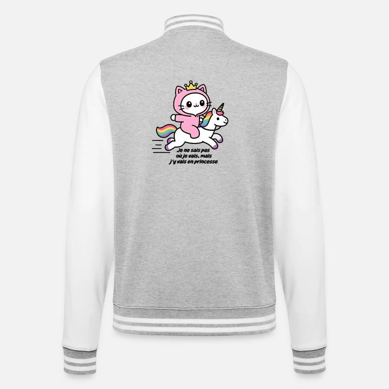 Rosa Katze auf Regenbogen-Einhorn - College-Sweatjacke - Grau meliert/Weiß