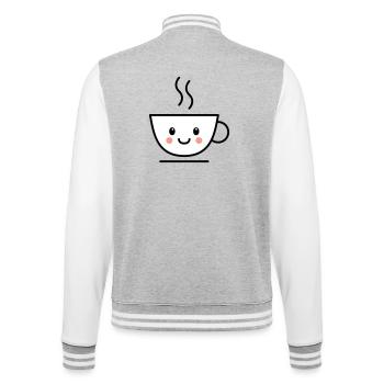 Café, thé ou tasse de cacao avec un visage kawaii - Veste Teddy - gris chiné / blanc - Dos - Marisol (170cm)