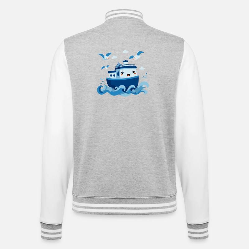 Fröhliches Blaues Boot auf See - College-Sweatjacke - Grau meliert/Weiß