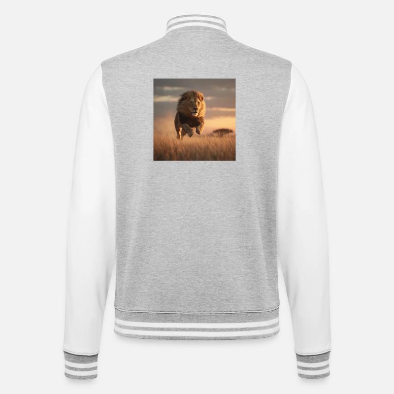 Löwe In Savanne im Spurt - College-Sweatjacke - Grau meliert/Weiß