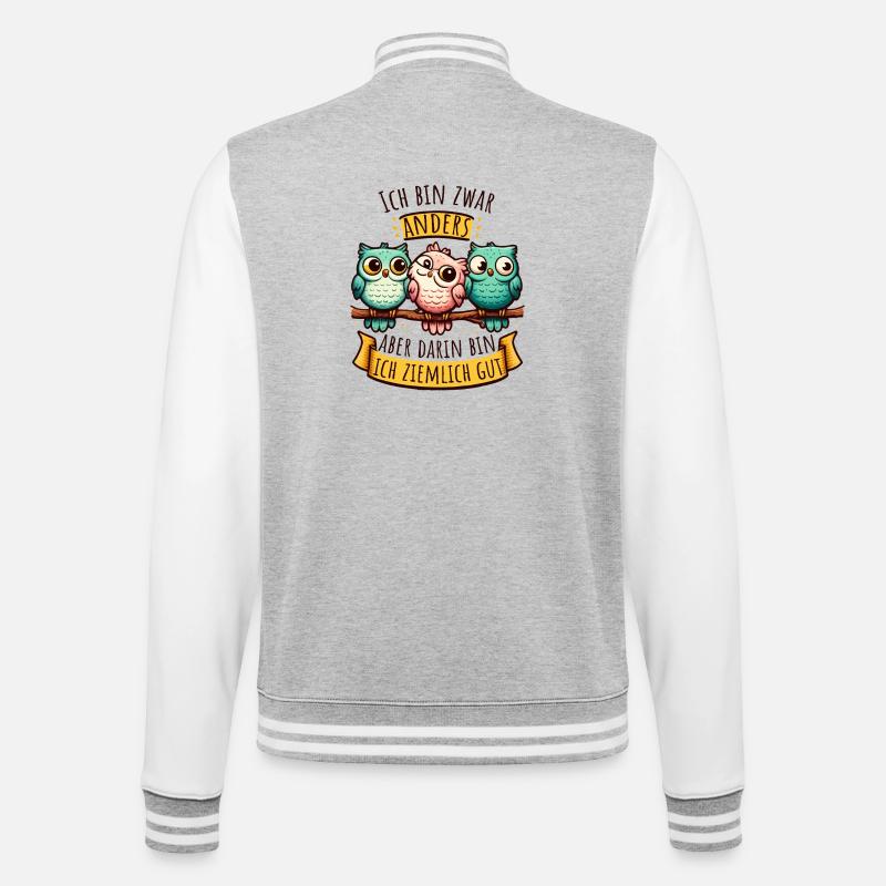 Anderssein – Eulen mit Spruch & Persönlichkeit - College-Sweatjacke - Grau meliert/Weiß