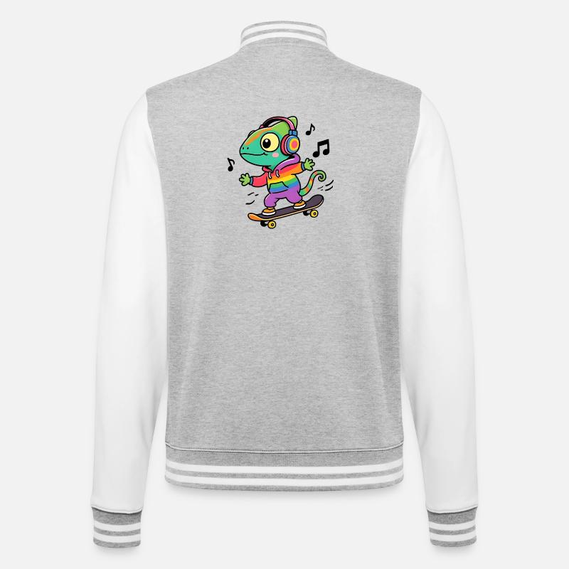 Regenbogen-Chamäleon auf Schlittschuh - College-Sweatjacke - Grau meliert/Weiß
