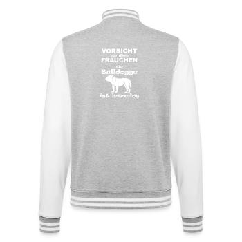 Frauchen und ihre Bulldogge - College-Sweatjacke - Grau meliert/Weiß - Hinten - Marisol (170cm)