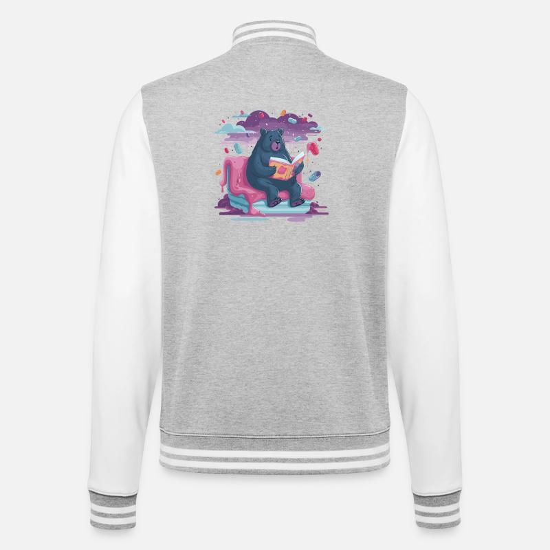 Lesender Bär im Candy-Traum - College-Sweatjacke - Grau meliert/Weiß