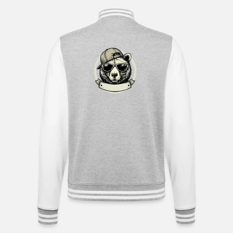 Bär mit Retro-Sonnenbrille - College-Sweatjacke - Grau meliert/Weiß