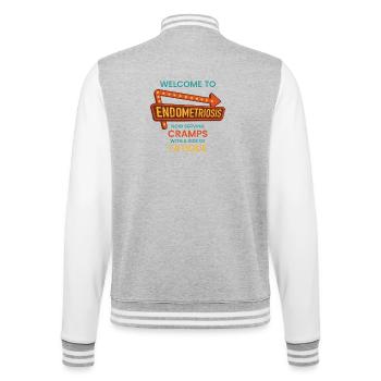 Endometriose-Bewusstsein – Retro-Diner-Schild - College-Sweatjacke - Grau meliert/Weiß - Hinten - Marisol (170cm)