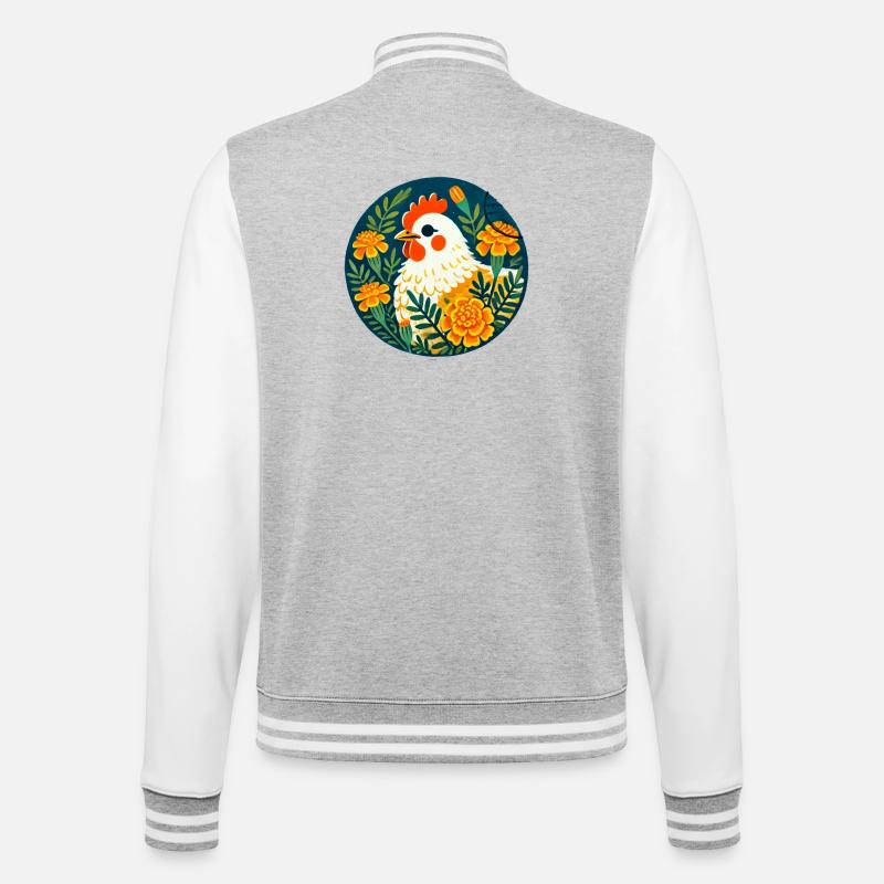 Sonnenhühner zwischen kräftigen Blumen - College-Sweatjacke - Grau meliert/Weiß