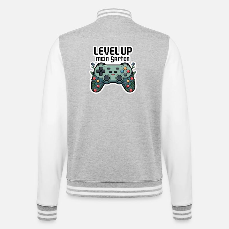 Level Up Garten-Controller Design - College-Sweatjacke - Grau meliert/Weiß