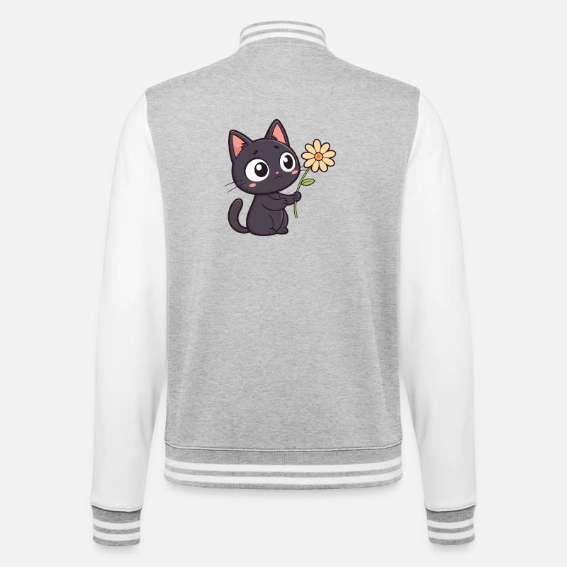 Kawaii Schwarze Katze und Gänseblümchen - College-Sweatjacke - Grau meliert/Weiß