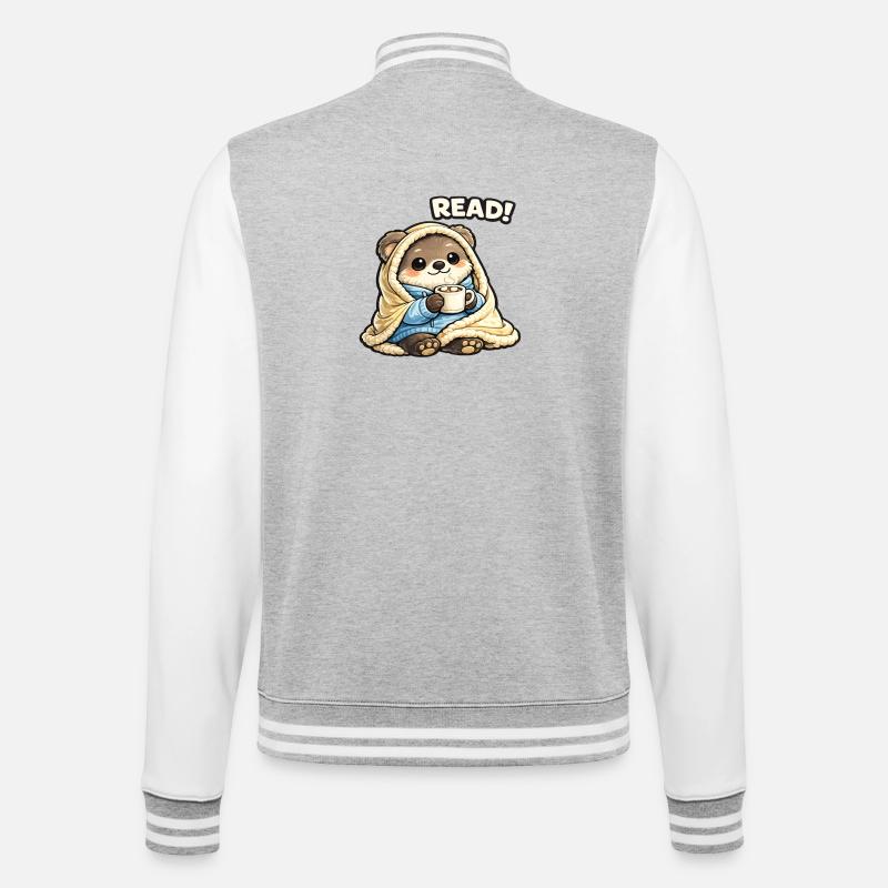 Cuddly Bear Reading Time Under Blanket - College Sweat Jacket - heather grey/white