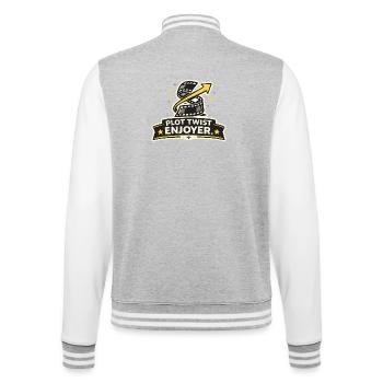 Plot Twist Enjoyer - College-Sweatjacke - Grau meliert/Weiß - Hinten - Marisol (170cm)