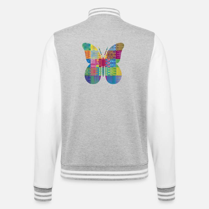 Bunter Patchwork-Schmetterling - College-Sweatjacke - Grau meliert/Weiß