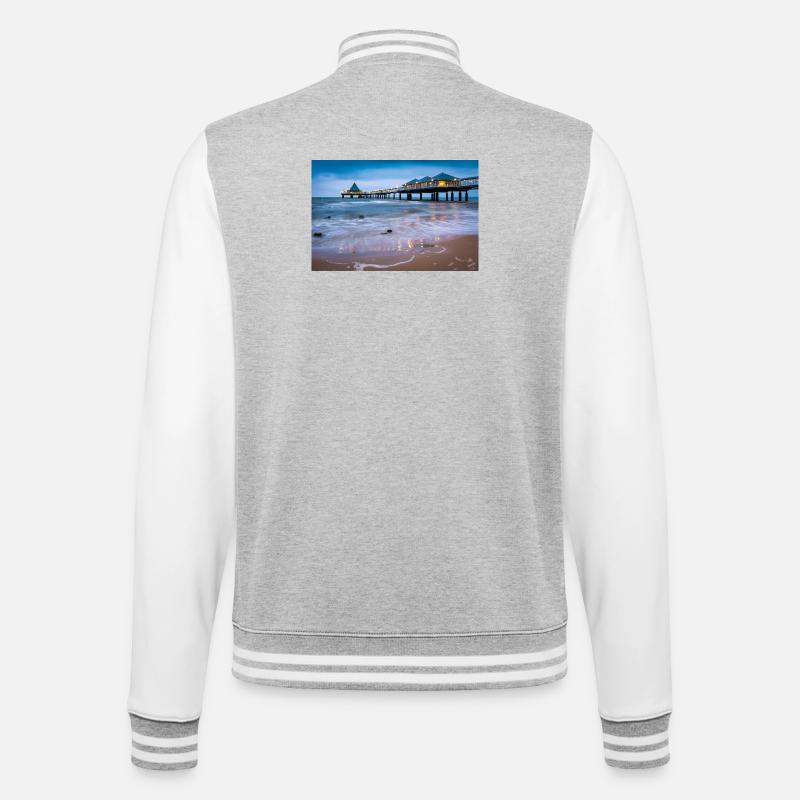 Seebrücke Heringsdorf mit Lichterglanz - College-Sweatjacke - Grau meliert/Weiß