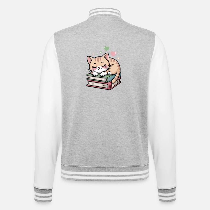 Schlafendes Kätzchen auf Büchern - College-Sweatjacke - Grau meliert/Weiß