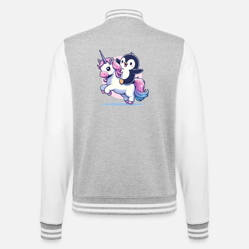 Pinguin reitet Einhorn - College-Sweatjacke - Grau meliert/Weiß