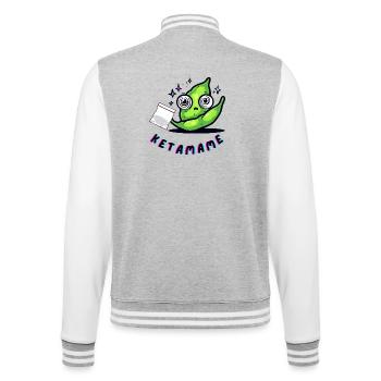KETAMAME – Bohne mit Tiefgang - College-Sweatjacke - Grau meliert/Weiß - Hinten - Marisol (170cm)