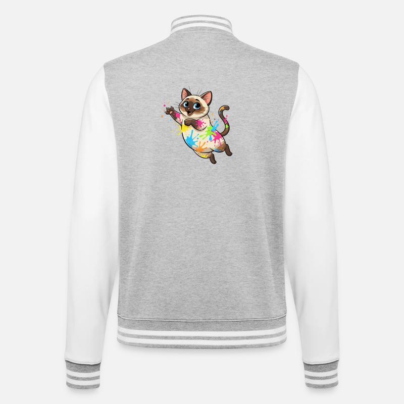 Bunte Farbklecks Katze - College-Sweatjacke - Grau meliert/Weiß