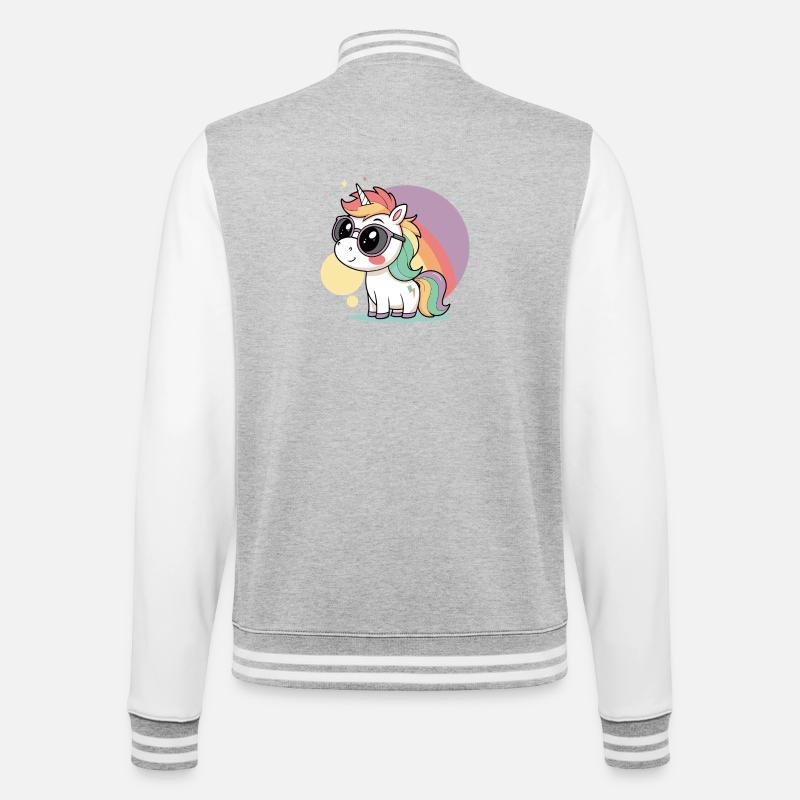 Pastell-Einhorn in Brille und Regenbogen - College-Sweatjacke - Grau meliert/Weiß