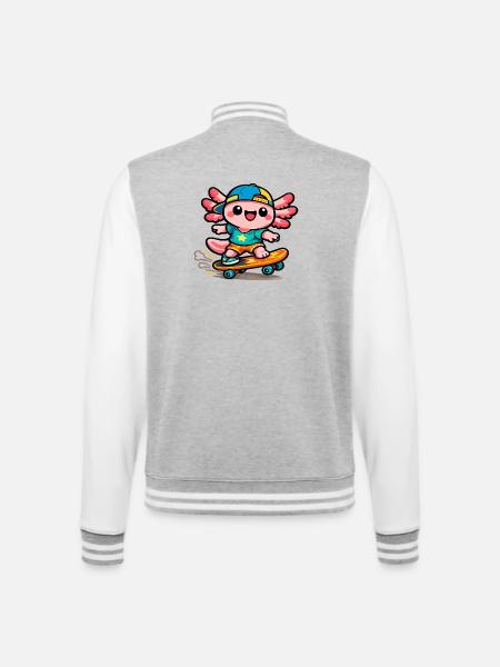 Kawaii Wing Skateboarder Axolotl - College Sweat Jacket - heather grey/white