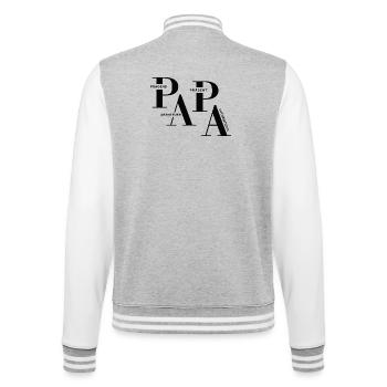 Gestaffeltes PAPA Design in Schwarz für helle Mode - College-Sweatjacke - Grau meliert/Weiß - Hinten - Marisol (170cm)