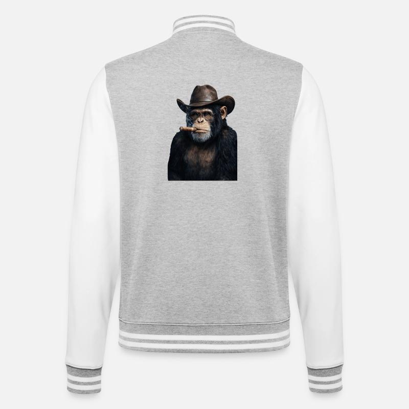Schimpanse mit Cowboyhut und Zigarre - College-Sweatjacke - Grau meliert/Weiß