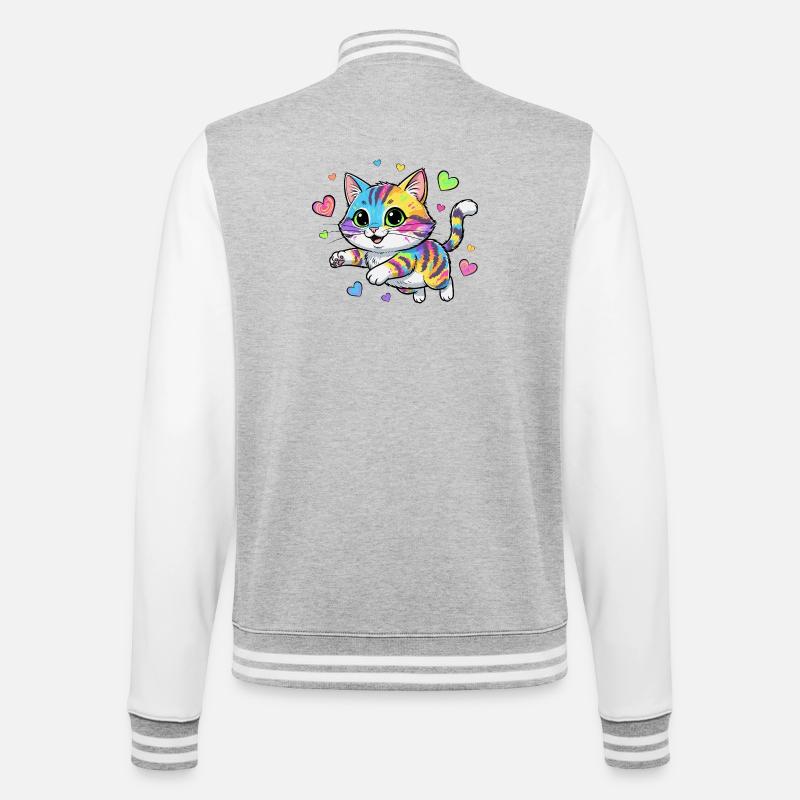 Regenbogenkatze mit Herzen - College-Sweatjacke - Grau meliert/Weiß