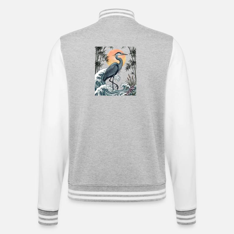 Große Blaureiher Great Wave Küstentierkunst - College-Sweatjacke - Grau meliert/Weiß