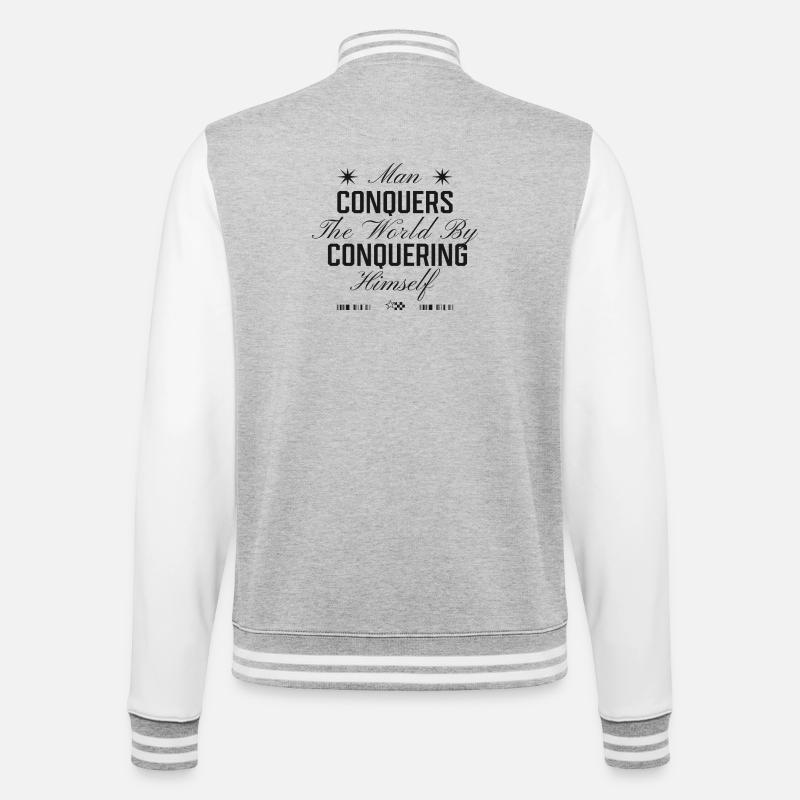 Welt beherrschen durch Selbstbeherrschung - College-Sweatjacke - Grau meliert/Weiß